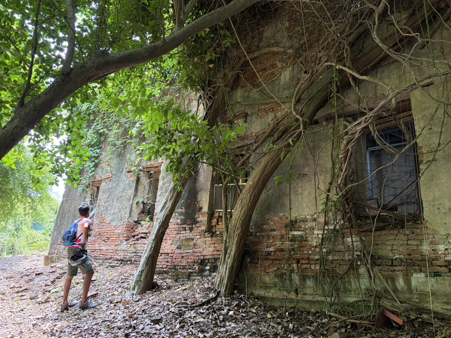 Cyclist exploring ancient overgrown temple ruins and rural countryside outside Bangkok