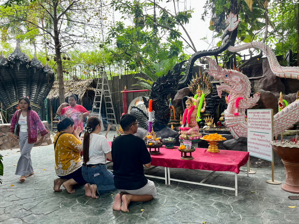 Family visiting a magnificent temple with golden Buddha statues and traditional Thai architecture during the bike tour