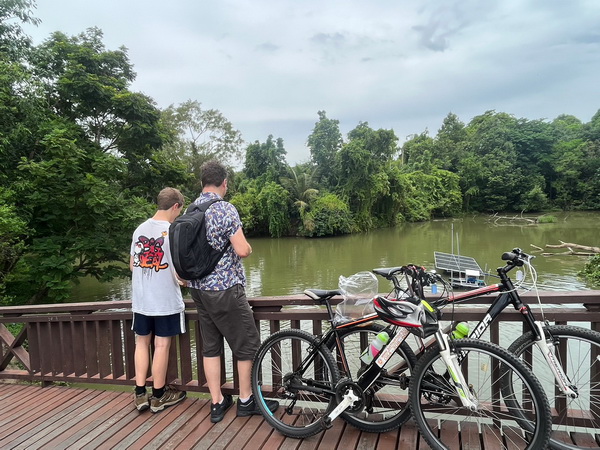 Father and son admiring the view from a wooden bridge over a calm lake surrounded by dense green forest