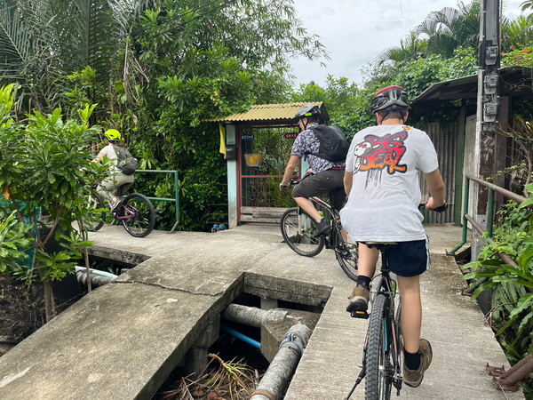 Cyclists riding along elevated concrete walkways with green railings through thick tropical vegetation