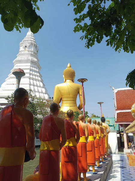 Row of monk statues facing the giant Buddha and white chedi at Wat Paknam