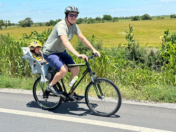 Father cycling with young child in a baby seat through golden rice fields on the Ayutthaya tour