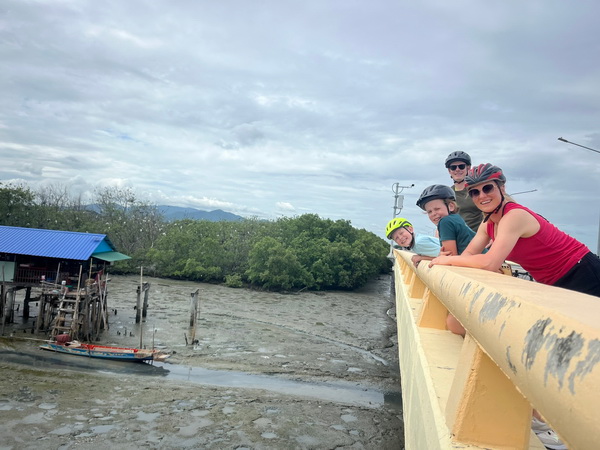 Tour group looking over a bridge railing at the mud flats and mangrove forest below