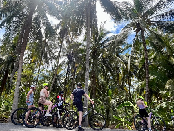 Cyclists stopped beneath tall coconut palm trees on the floating market bike tour