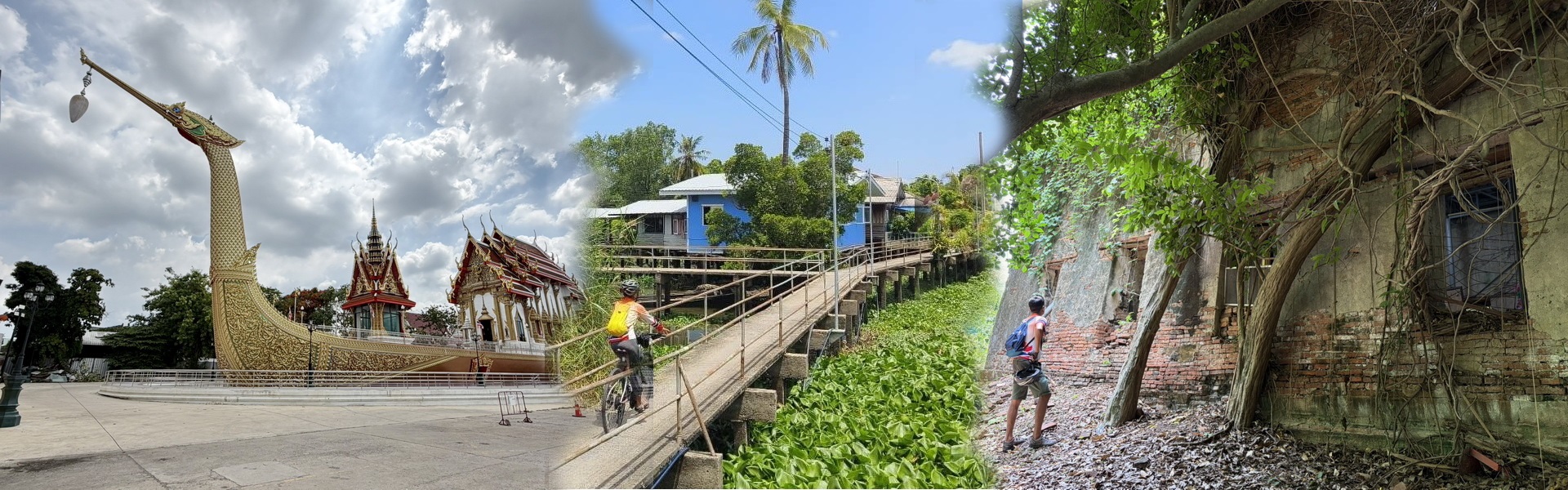 Cycling through Bangkok countryside with lush greenery, elevated walkways, ancient temples and traditional stilt houses over canals