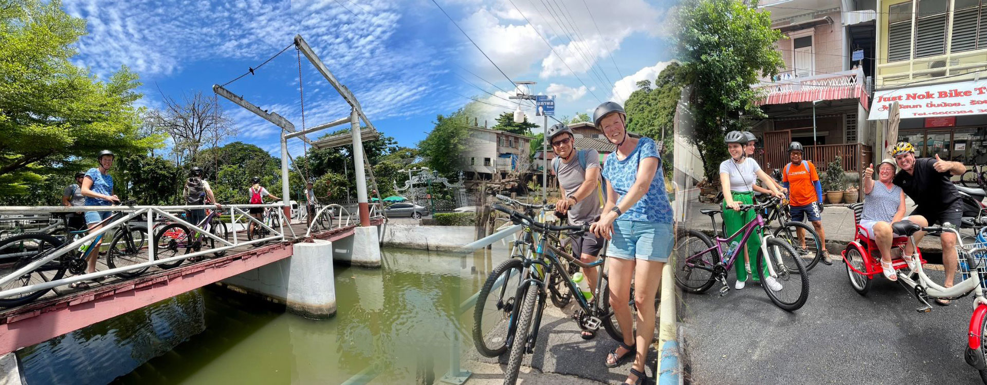 Cyclists exploring Bangkok's iconic temples and hidden communities on the Wonders and Mysteries full-day bike tour