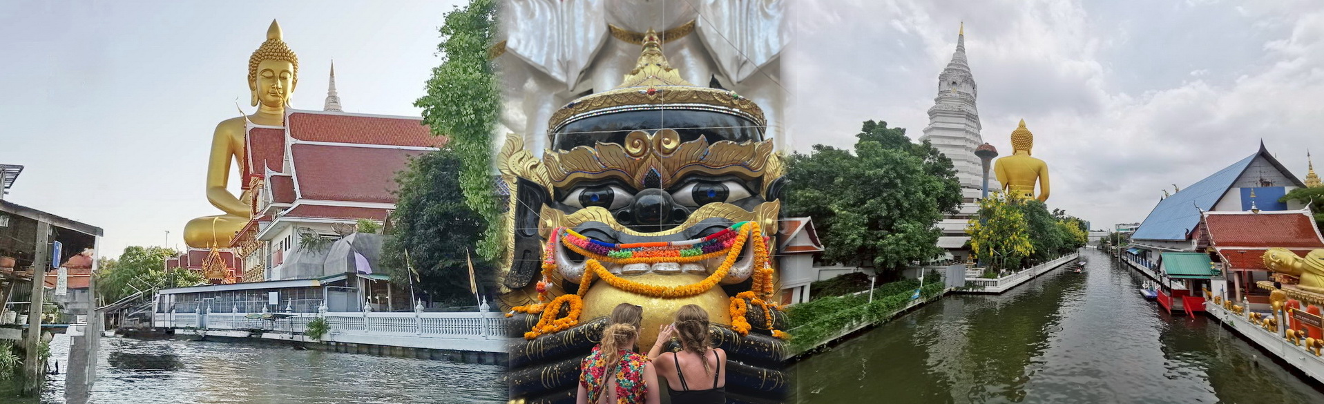 Cyclists exploring Bangkok's hidden canals with Wat Paknam Phasi Charoen golden Buddha in the background