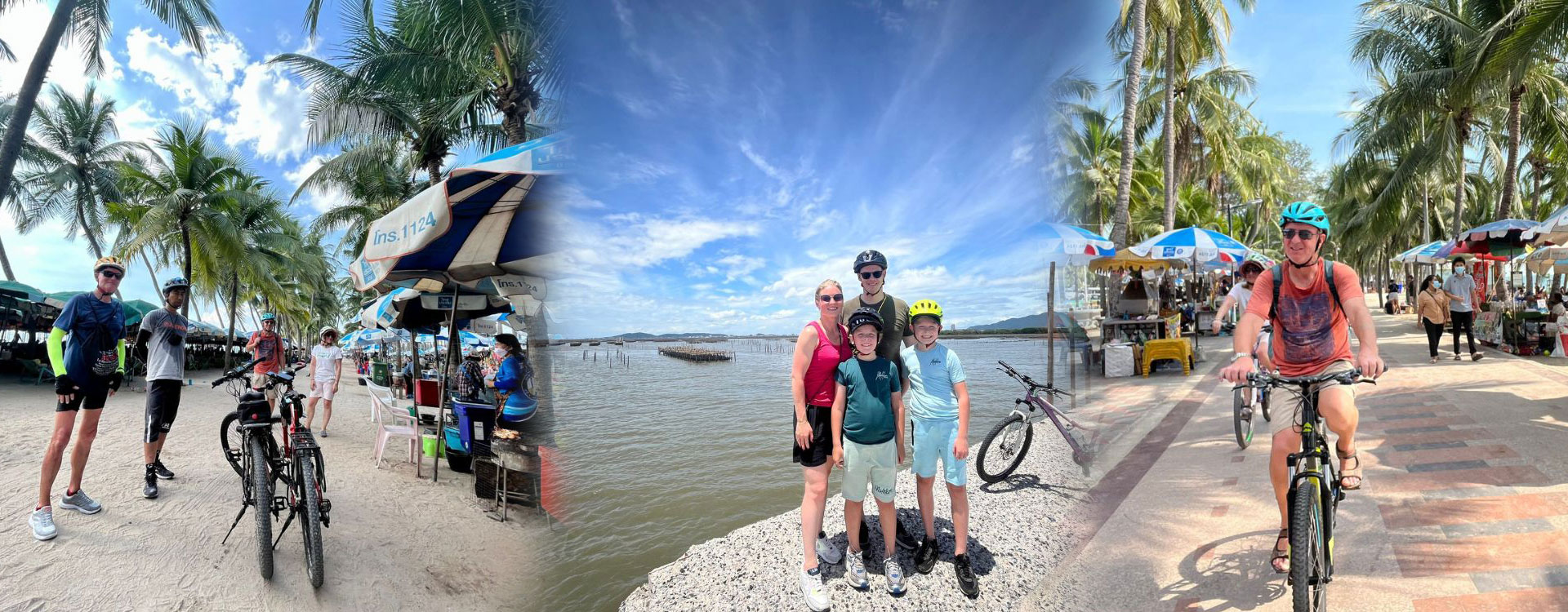 Cyclists riding along the stunning Bang Saen coastline with palm trees and ocean views