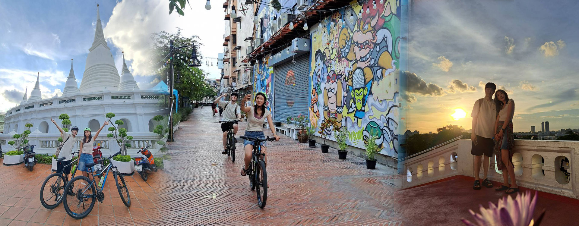 Twilight sunset bicycle tour along Bangkok waterways with golden sky