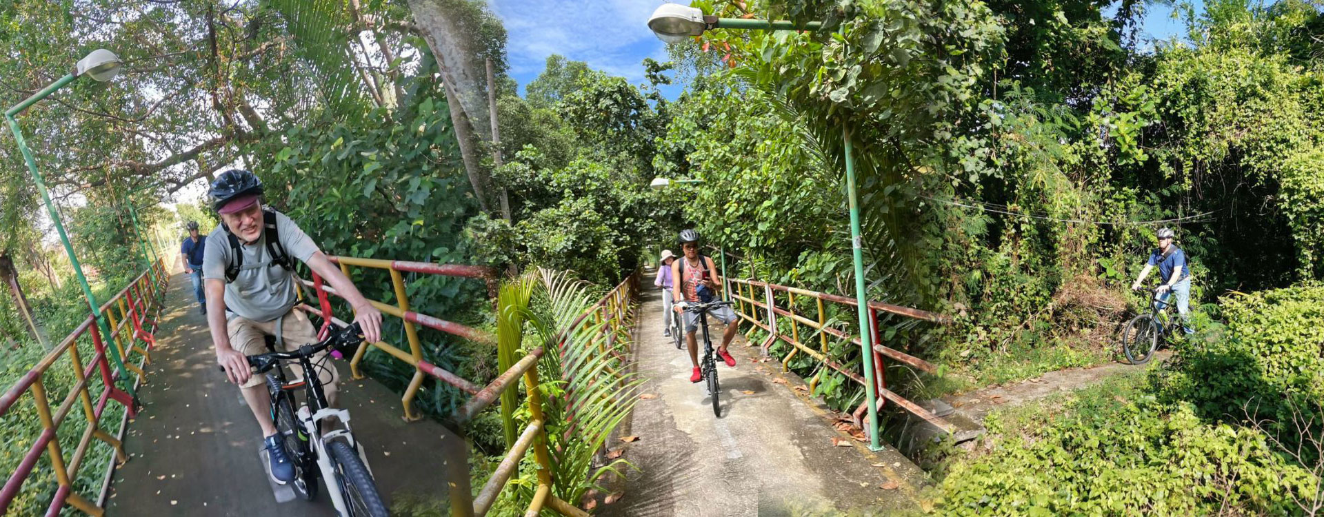 Lush green jungle cycling pathway through Bang Krachao, Bangkok's Green Lung island
