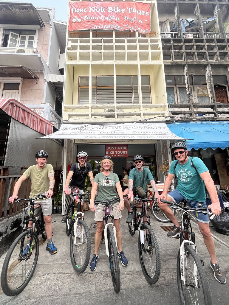 Cyclists gathering at Just Nok office for a Bangkok bicycle tour departure